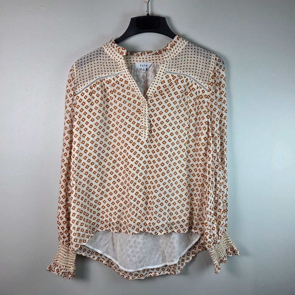 Fate Blouse Women Small Brown Excellent Geometric Boho Smocked Cuff FT7228 Top